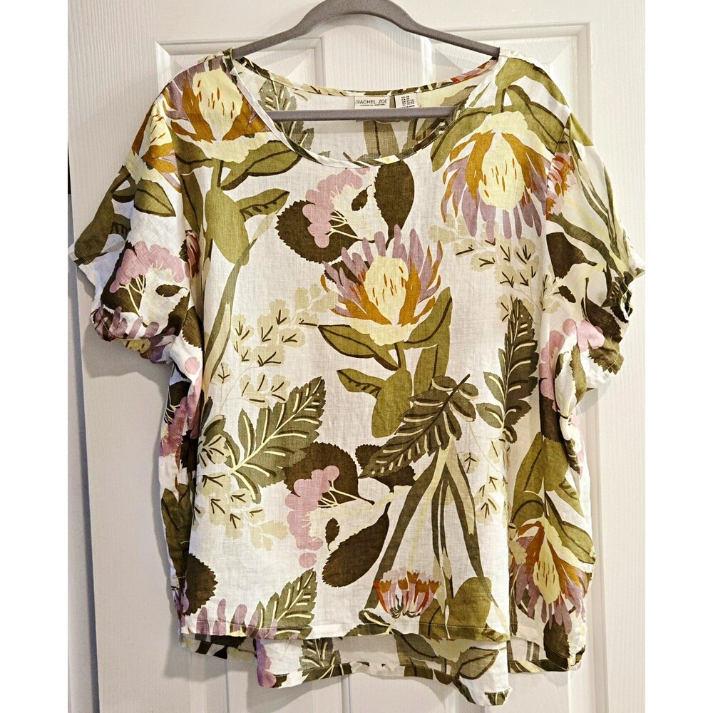 Rachel Zoe 100% Linen Botanical Floral Blouse 2X Plus Size Protea Tropical Boho